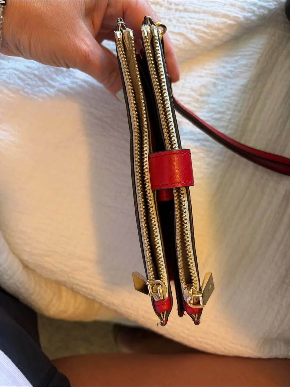 Michael Kors Beige Printed Wristlet Clutch with Red Strap